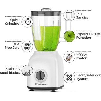 Russell Hobbs 400W 4 In 1 Blender With Grinder And Multi Chopper Mill, High Speed Mixer Grinder For Coffee Beans, Spices And Nuts, 2 Speeds And Pulse Function, White, BWM103, 1 Year Warranty