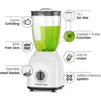 Russell Hobbs 400W 4 In 1 Blender With Grinder And Multi Chopper Mill, High Speed Mixer Grinder For Coffee Beans, Spices And Nuts, 2 Speeds And Pulse Function, White, BWM103, 1 Year Warranty