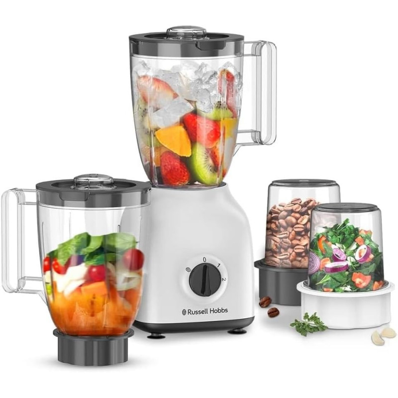 Russell Hobbs 400W 4 In 1 Blender With Grinder And Multi Chopper Mill, High Speed Mixer Grinder For Coffee Beans, Spices And Nuts, 2 Speeds And Pulse Function, White, BWM103, 1 Year Warranty