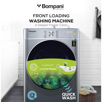 Bompani Washer Dryer 9/6 Kg, Fully Automatic Front Load Combo Wash And Dry, 9 Kg Wash And 6 Kg Dry, 1400 RPM, 16 Wash Programs, Quick Wash In 15min And 4 Drying Programs, BI1070SSN, Silver, 1 Year Warranty