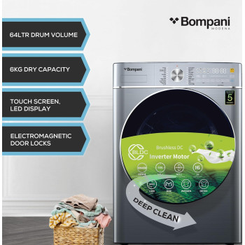 Bompani Washer Dryer 9/6 Kg, Fully Automatic Front Load Combo Wash And Dry, 9 Kg Wash And 6 Kg Dry, 1400 RPM, 16 Wash Programs, Quick Wash In 15min And 4 Drying Programs, BI1070SSN, Silver, 1 Year Warranty