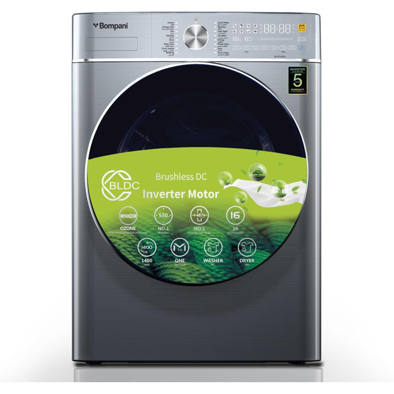 Bompani Washer Dryer 9/6 Kg, Fully Automatic Front Load Combo Wash And Dry, 9 Kg Wash And 6 Kg Dry, 1400 RPM, 16 Wash Programs, Quick Wash In 15min And 4 Drying Programs, BI1070SSN, Silver, 1 Year Warranty
