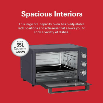 Hamilton Beach 55L 2200W Convection Toaster Oven With Rotisserie Grill, Double Walled Glass, Oyster Grey Colour, 6 Accessories, 6 Functions, Max 230 C Temp And 60 mins Timer, CTGL55-ME, 1 Year Warranty