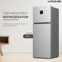 Krome 600L Gross,Top Mount Double Door Refrigerator With LED Display, Automatic Defrost Freezer, A Plus Energy Efficiency, Big Capacity Fridge, Silver, KR-RFF600T, 1 Year Warranty