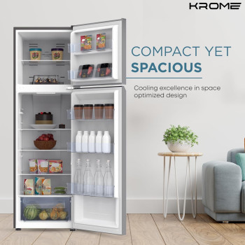 Krome 370L Gross, Top Mount Double Door Refrigerator, Automatic Defrost Freezer, A Plus Energy Efficiency, Big Capacity Fridge, Quick Cooling, Silver, KR-REF370T, 1 Year Warranty