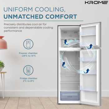 Krome 370L Gross, Top Mount Double Door Refrigerator, Automatic Defrost Freezer, A Plus Energy Efficiency, Big Capacity Fridge, Quick Cooling, Silver, KR-REF370T, 1 Year Warranty