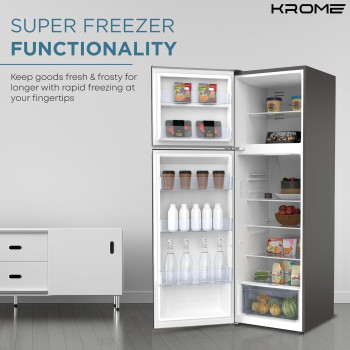Krome 370L Gross, Top Mount Double Door Refrigerator, Automatic Defrost Freezer, A Plus Energy Efficiency, Big Capacity Fridge, Quick Cooling, Silver, KR-REF370T, 1 Year Warranty