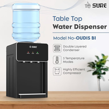 Sure Oudis B1 Table Top Water Dispenser, Triple Faucets With Temperature Mode, LED Indicators, Stainless Steel Tank, Low Energy Consumption, Highly Efficient Compressor, Black, 1 Year Warranty