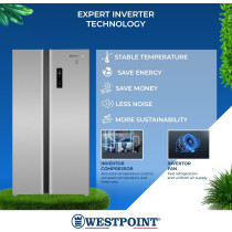 Westpoint 610 Liters Gross Side By Side 2 Door Refrigerator, No Frost, Inverter Compressor, Digital Controls With Temperature Display, Energy Efficient, Stainless Steel, WSTW-5423EDI, 1 Year Warranty