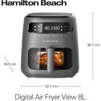 Hamilton Beach Digital Air Fryer View 8L, Large Viewing Window, 8 Presets With Dehydrate And Defrost, 1750W, Matte Grey Colour, AFOGV8-ME, 1 Year Warranty