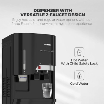 Nikai Bottom Loading Water Dispenser, 2 Tap, Stainless Steel Tanks, Child Lock, Cup Holder, NWD5000BSS, Steel And Black, 1 Year Warranty
