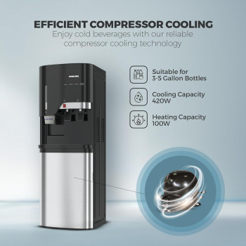 Nikai Bottom Loading Water Dispenser, 2 Tap, Stainless Steel Tanks, Child Lock, Cup Holder, NWD5000BSS, Steel And Black, 1 Year Warranty