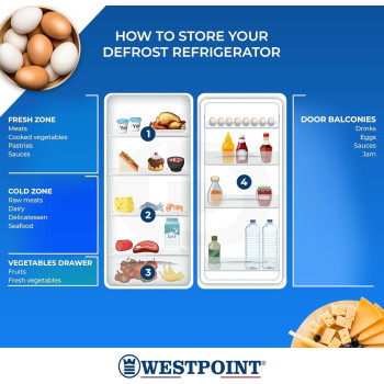 Westpoint 240 Liters Gross Double Door Refrigerator Defrost Fridge Freezer, 4 Door Balconies, Egg Rack, Ice Cube Tray, Built In Condenser, 52D x 51.9W x 148H Cm, Silver, WRN-2423EI, 1 Year Warranty