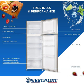 Westpoint 240 Liters Gross Double Door Refrigerator Defrost Fridge Freezer, 4 Door Balconies, Egg Rack, Ice Cube Tray, Built In Condenser, 52D x 51.9W x 148H Cm, Silver, WRN-2423EI, 1 Year Warranty
