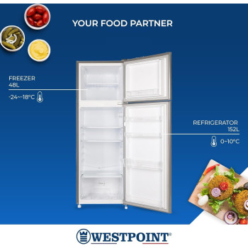Westpoint 240 Liters Gross Double Door Refrigerator Defrost Fridge Freezer, 4 Door Balconies, Egg Rack, Ice Cube Tray, Built In Condenser, 52D x 51.9W x 148H Cm, Silver, WRN-2423EI, 1 Year Warranty