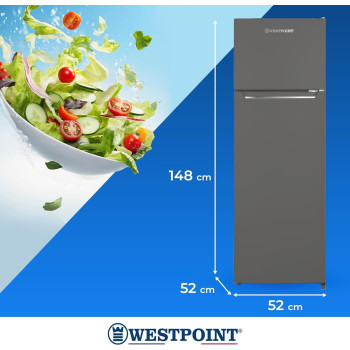 Westpoint 240 Liters Gross Double Door Refrigerator Defrost Fridge Freezer, 4 Door Balconies, Egg Rack, Ice Cube Tray, Built In Condenser, 52D x 51.9W x 148H Cm, Silver, WRN-2423EI, 1 Year Warranty