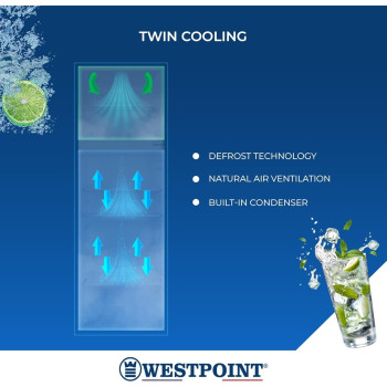 Westpoint 240 Liters Gross Double Door Refrigerator Defrost Fridge Freezer, 4 Door Balconies, Egg Rack, Ice Cube Tray, Built In Condenser, 52D x 51.9W x 148H Cm, Silver, WRN-2423EI, 1 Year Warranty