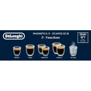 De Longhi Magnifica S Automatic Coffee Machine, Bean To Cup Espresso Machine With 5 One Touch Recipes, Black, ECAM12.121.B, 1 Year Warranty