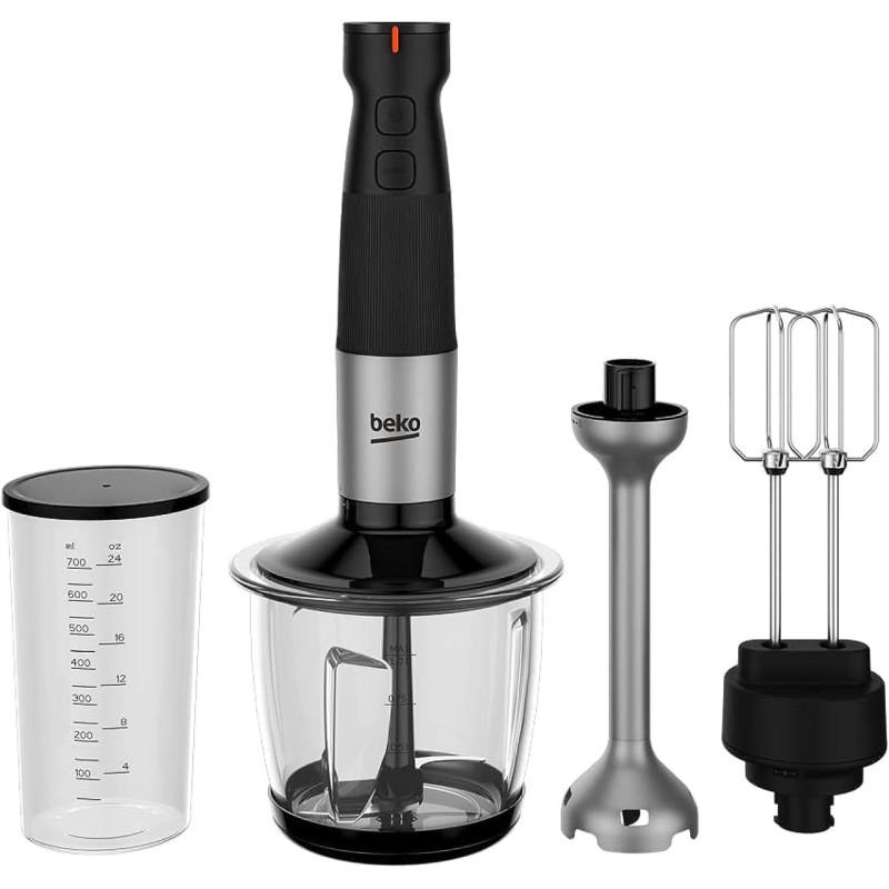 Beko Hand Blender Hba 81762 bx, 750 W Motor Power, Variable Speed Setting, Turbo Function, Stainless Steel Chopping Blades, Glass Chopper Bowl 1L, Double Beater, Stainless Steel, 1 Year Warranty