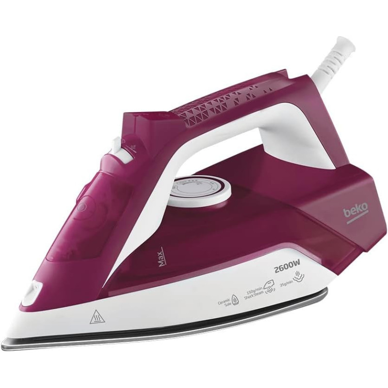 Beko SIM3126R Steam Iron, 2600 W, Ceramic Coated Soleplate With Steam Pools, Auto Shut Off, Purple, 1 Year Warranty