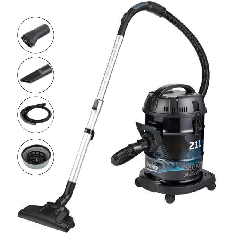 Beko 21L Drum Vacuum Cleaner VCC70322, 2400 Watts Power, Carpet Plus Hard Floor Nozzle, High Efficiency Filter, Blower Function, 5m Cable, Black, 1 Year Warranty