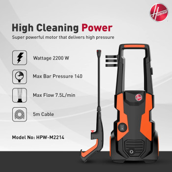 Hoover 140 Bar Electric Pressure Washer With Gun, 5m Hose, Foam Dispenser, Trigger Handle, Adjustable Nozzle, Car Brush And More, 2200W Portable Pressure Washer For Car, Home And Garden, HPW-M2214, 1 Year Warranty