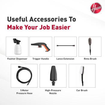 Hoover 140 Bar Electric Pressure Washer With Gun, 5m Hose, Foam Dispenser, Trigger Handle, Adjustable Nozzle, Car Brush And More, 2200W Portable Pressure Washer For Car, Home And Garden, HPW-M2214, 1 Year Warranty