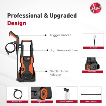Hoover 140 Bar Electric Pressure Washer With Gun, 5m Hose, Foam Dispenser, Trigger Handle, Adjustable Nozzle, Car Brush And More, 2200W Portable Pressure Washer For Car, Home And Garden, HPW-M2214, 1 Year Warranty