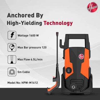 Hoover 120 Bar Electric Pressure Washer With Gun, 3m Hose, Foam Dispenser, Trigger Handle, Adjustable Jet, Car Brush And More, 1600W Portable Pressure Washer For Car, Home And Garden, HPW-M1612, 1 Year Warranty