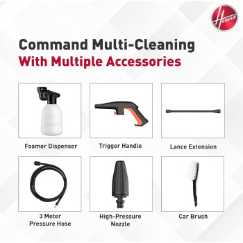 Hoover 120 Bar Electric Pressure Washer With Gun, 3m Hose, Foam Dispenser, Trigger Handle, Adjustable Jet, Car Brush And More, 1600W Portable Pressure Washer For Car, Home And Garden, HPW-M1612, 1 Year Warranty