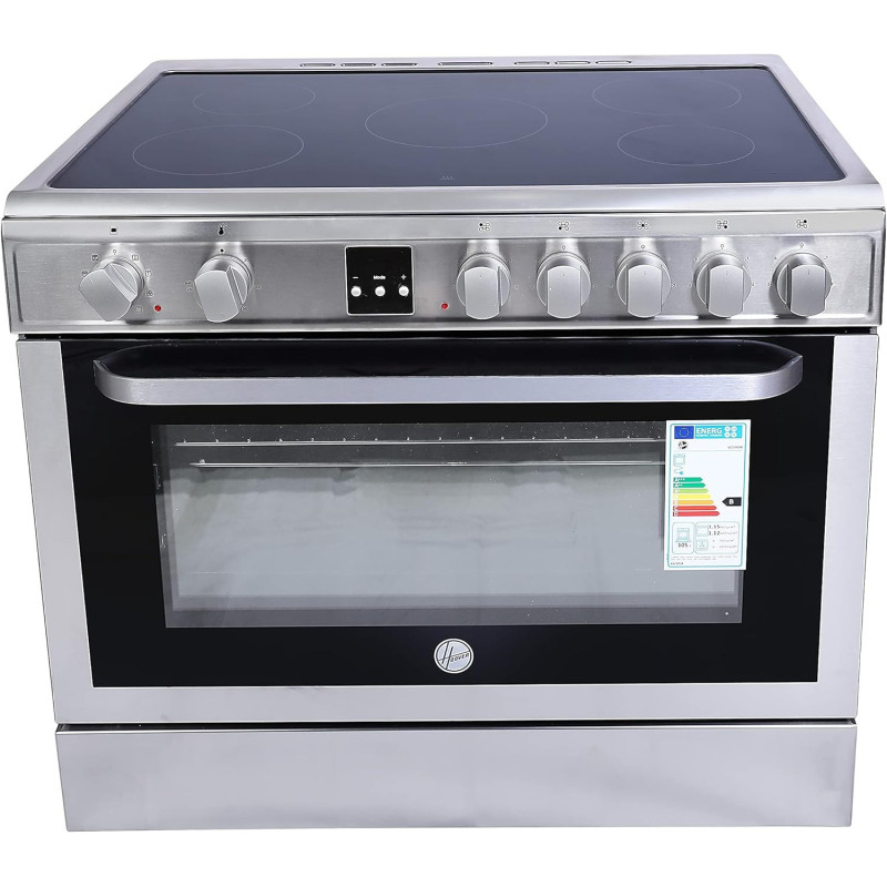 Hoover 90 x 60 Cm Ceramic Cooker, 5 Cooking Zones, Fully Electric 90cm Cooking Range, Electric Multifunction Oven And Grill, Steel Finish, Vcg9060, 1 Year Warranty