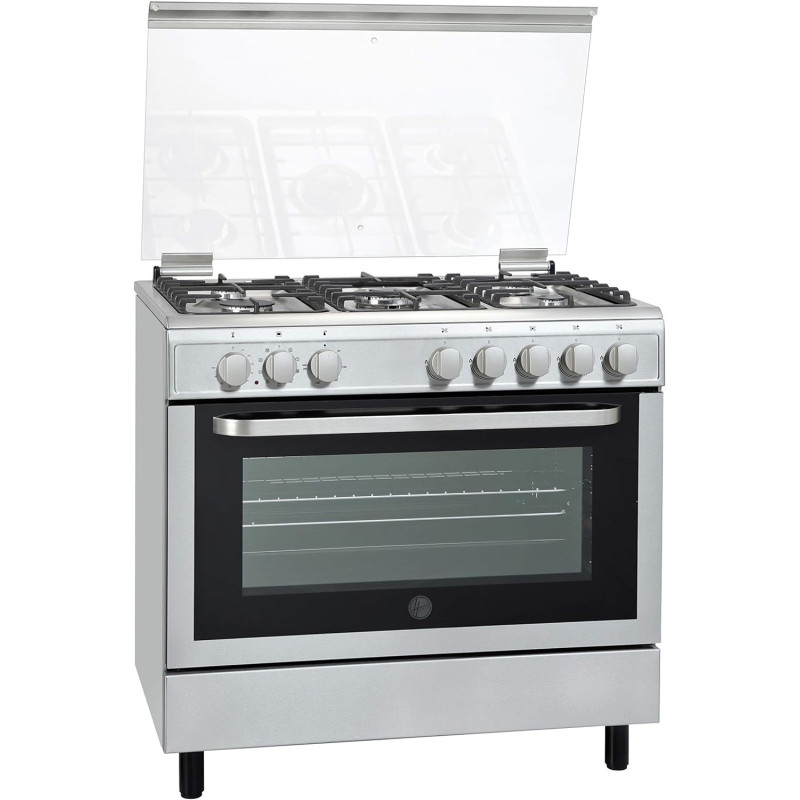 Hoover 90 x 60cm Gas Cooker, 5 Burners, Gas Oven And Grill With Rotisserie, Cast Iron Pan Support, Full Safety Freestanding Cooking Range, Silver, Fgc9060-3D, 1 Year Warranty