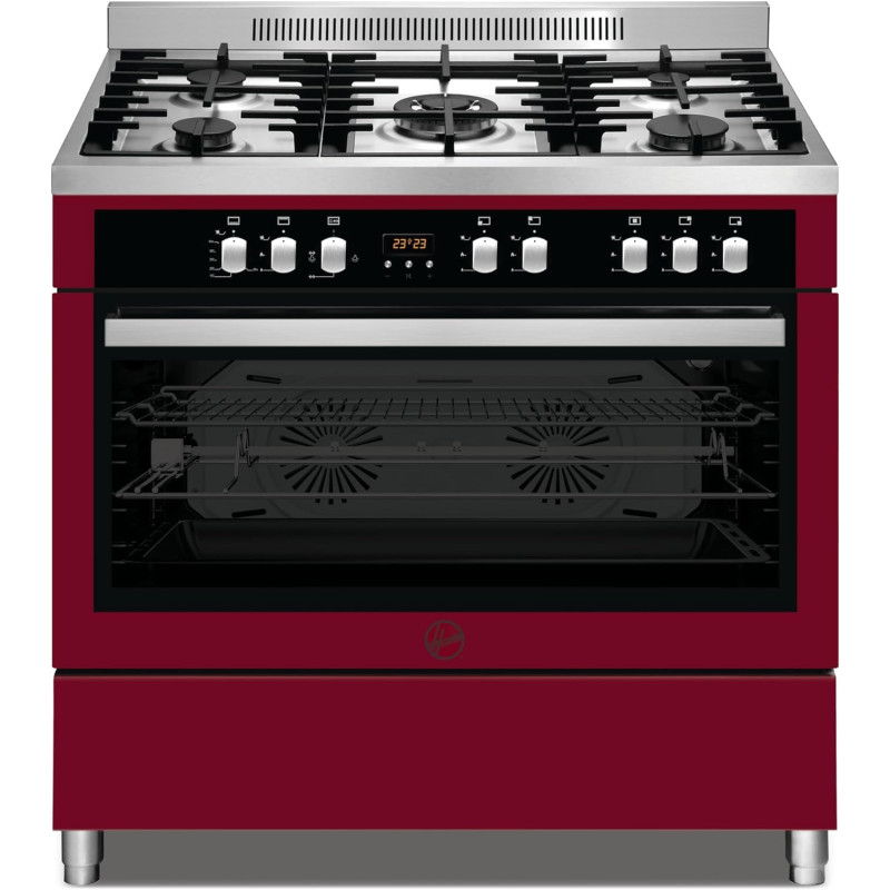 Hoover 90 x 60cm 5 Burner Full Gas Cooker Oven, 2 Convection Fan And 1 Cooling Fan And Self Cleaning Cranberry, Red, HGC-S95G-R, 1 Year Warranty