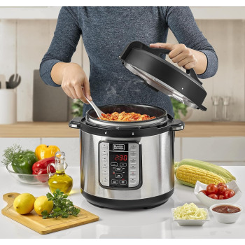 Black+Decker 1000W, 6L, Electric Pressure Cooker 7 In 1, With 12 Smart Programs 9 Safety Features Dishwasher Safe With Accessories, For Quick And Easy Meals, PCP1000-B5, 1 Year Warranty