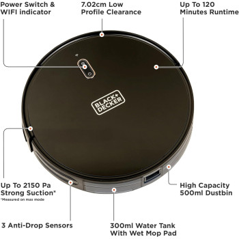 Black+Decker Robotic Vacuum Cleaner And Mop, Alexa Enabled, 2150 Pa Strong Suction Power, Up To 120 Min Runtime, Self Charging, Black, BRVA425B00-B5, 1 Year Warranty