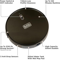 Black+Decker Robotic Vacuum Cleaner And Mop, Alexa Enabled, 2150 Pa Strong Suction Power, Up To 120 Min Runtime, Self Charging, Black, BRVA425B00-B5, 1 Year Warranty