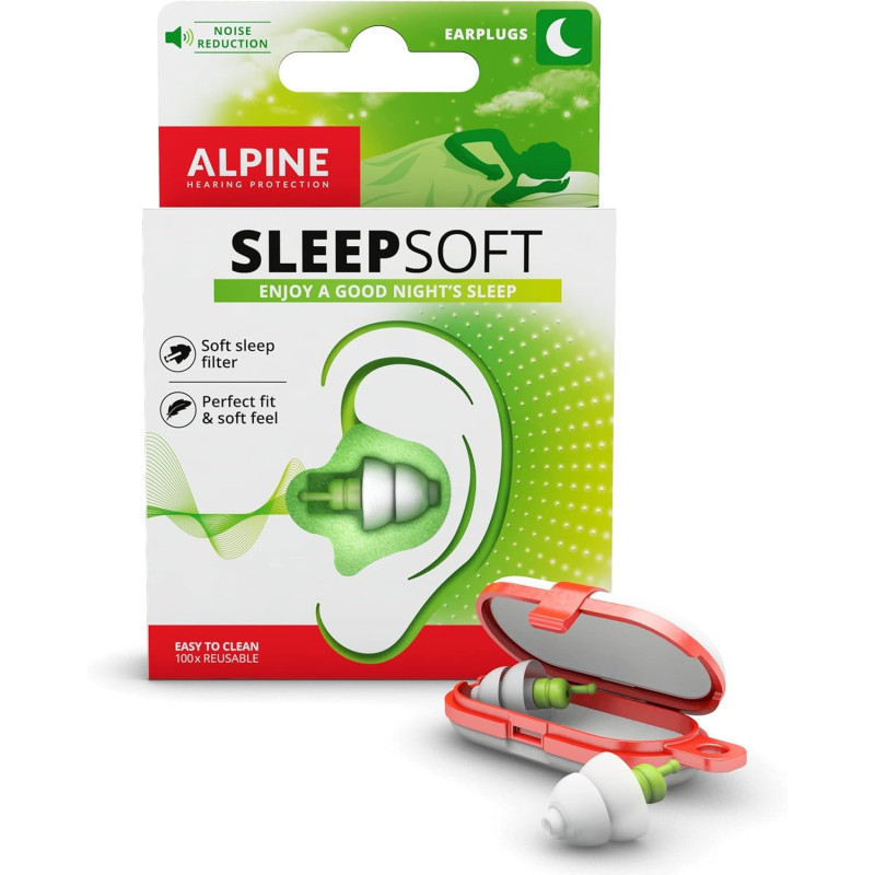 Alpine Sleepsoft Sleeping Earplugs, Ultra Soft Filter For Side Sleeper, Reusable, Hygienic, Hypoallergenic Hearing Protection For Adults With Long Lasting Comfort - 1 Pair