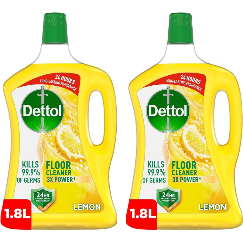 Dettol Lemon Antibacterial Power Floor Cleaner With 3 Times Powerful Cleaning, Kills 99.9 Percentage Of Germs, Pack Of 2, 1.8 Liters Each