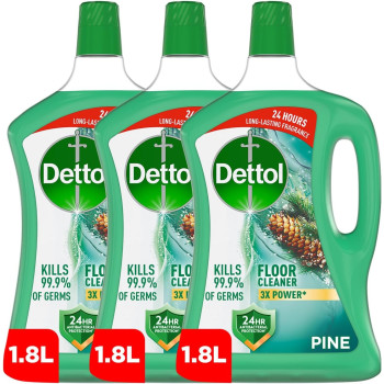 Dettol Antibacterial Power Floor Cleaner, Kills 99.9 Percentage Of Germs, Pine Fragrance, Can Be Paired With Vacuum Cleaner For Cleaner And Shinier Floors, Pack Of 3, 1.8 Liters Each