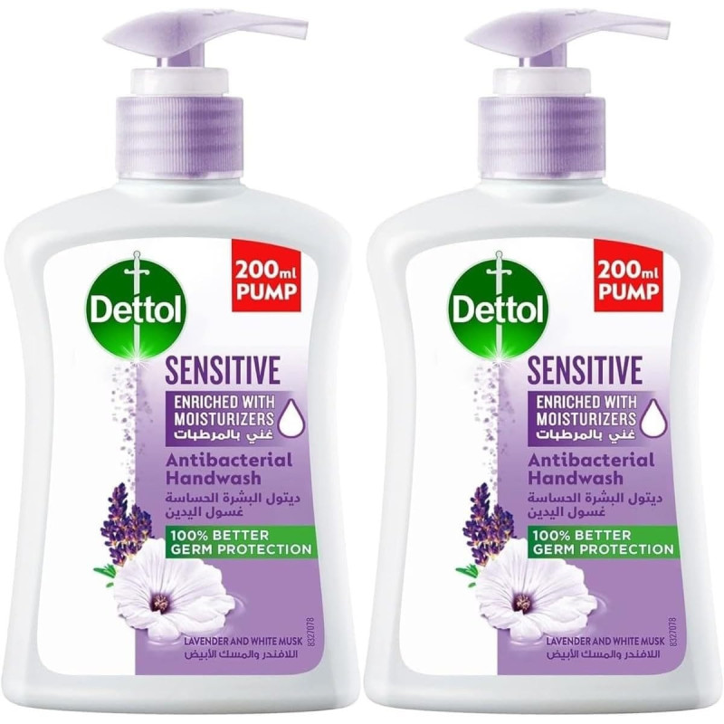 Dettol Sensitive Anti-Bacterial Liquid Hand Wash, Lavender And White Musk, Pack Of 6, 200Ml Each