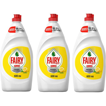 Fairy Plus Lemon Dishwashing Liquid Soap With Alternative Power To Bleach, Pack Of 3, 600 Ml Each