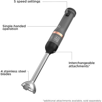 Black+Decker Kitchen Wand 7.2V Cordless Electric Immersion Blender With 5 Speed Setting 700ml Measuring Cup Charging Base With Battery Indicator BPA Free Plastic, BCKM1011KBF-GB, Grey, 1 Year Warranty