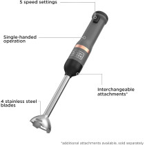Black+Decker Kitchen Wand 7.2V Cordless Electric Immersion Blender With 5 Speed Setting 700ml Measuring Cup Charging Base With Battery Indicator BPA Free Plastic, BCKM1011KBF-GB, Grey, 1 Year Warranty