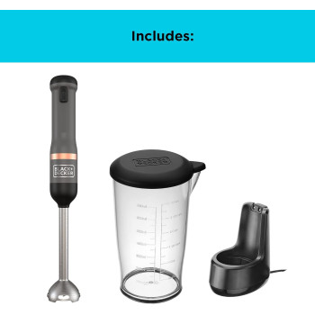 Black+Decker Kitchen Wand 7.2V Cordless Electric Immersion Blender With 5 Speed Setting 700ml Measuring Cup Charging Base With Battery Indicator BPA Free Plastic, BCKM1011KBF-GB, Grey, 1 Year Warranty