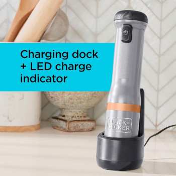 Black+Decker Kitchen Wand 7.2V Cordless Electric Immersion Blender With 5 Speed Setting 700ml Measuring Cup Charging Base With Battery Indicator BPA Free Plastic, BCKM1011KBF-GB, Grey, 1 Year Warranty