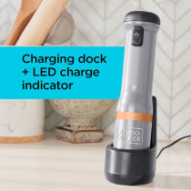 Black+Decker Kitchen Wand 7.2V Cordless Electric Immersion Blender With 5 Speed Setting 700ml Measuring Cup Charging Base With Battery Indicator BPA Free Plastic, BCKM1011KBF-GB, Grey, 1 Year Warranty
