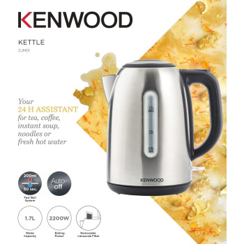 Kenwood Stainless Steel 1.7L Cordless Electric Kettle 2200W With Auto Shut-Off And Removable Mesh Filter, Silver/Black, ZJM01.A0BK, 1 Year Warranty