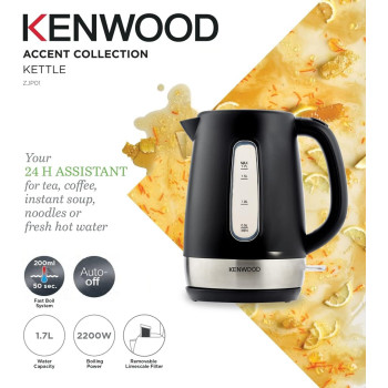 Kenwood 1.7L Cordless Electric Kettle 2200W With Auto Shut-Off And Removable Mesh Filter, Black/Silver, ZJP01.A0BK, 1 Year Warranty