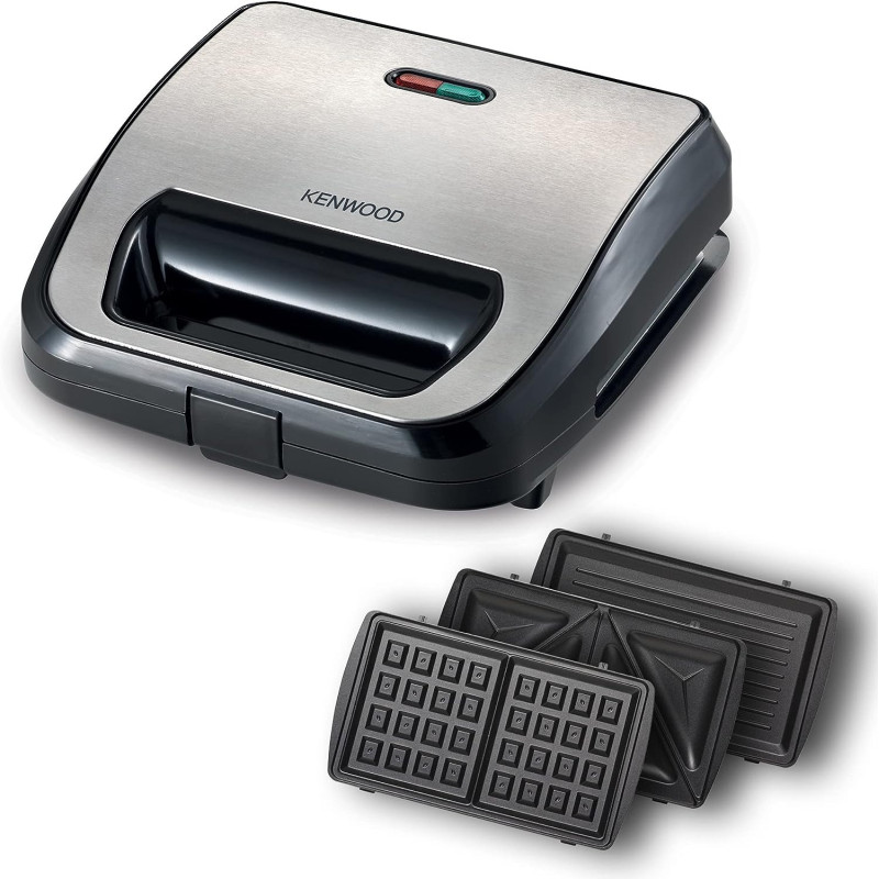 Kenwood 3-In-1 Sandwich Maker, Waffle Maker And Grill With 3 Sets Of Non Stick Multifunctional Plates For Grilling, Toasted Sandwiches And Waffles, Silver/Black, SMM02.000SI, 1 Year Warranty