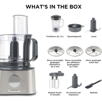 Kenwood Food Processor 800W Multi-Functional With 3 Stainless Steel Disks, Blender, Dual Metal Whisk, Dough Maker, Citrus Juicer, Silver, â€ŽFDM301SS, 1 Year Warranty